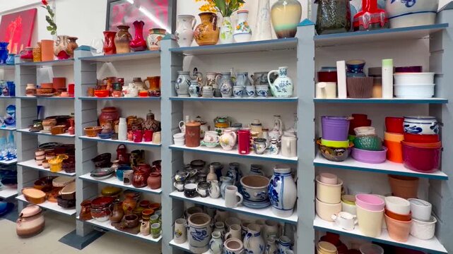 Colorful plastic, ceramic, and glass containers for household use, panning shot