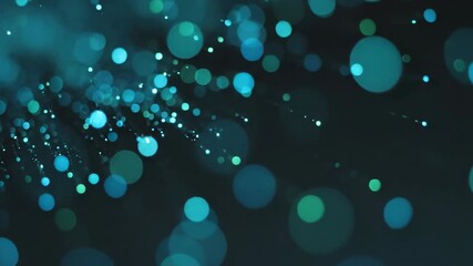 Abstract background with glowing teal and blue light particles. Futuristic data stream and technology concept with copy space