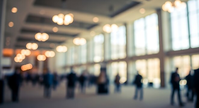 Blurred view of people walking through a bright modern building with large windows and hanging lights