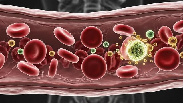 Scientific depiction of human blood flow showcasing red blood cells white blood cells and platelets within a blood vessel with a skeletal overlay
