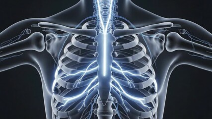 Thoracic Nervous System and Rib Cage Anatomy Medical Animation with Blue Electrical Pathways Over Dark Background - Powered by Adobe