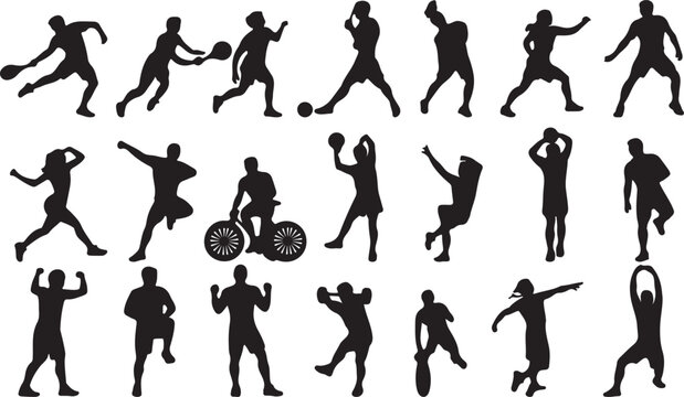 Diverse athletes in silhouette are shown engaged in various sports activities on a transparent background