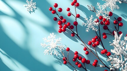 Bright red berries and white snowflakes create a winter scene on a blue background for a festive mood