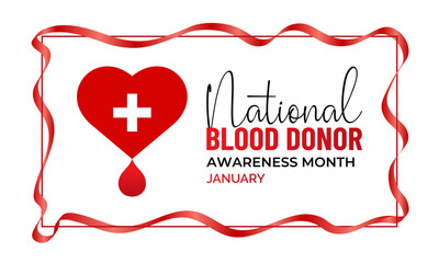 National Blood Donor Awareness Month vector design featuring red blood drop symbols and awareness ribbon for January health campaign. Banner poster, flyer and background design template.