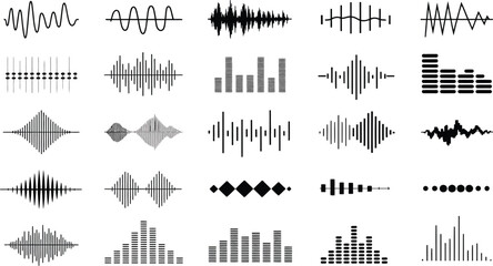 Audio Waveform Icons Set – Sound Waves, Equalizers & Frequency Shapes
