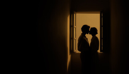 Cinematic silhouette of couple kissing passionately in open window frame. High contrast love concept with negative space.