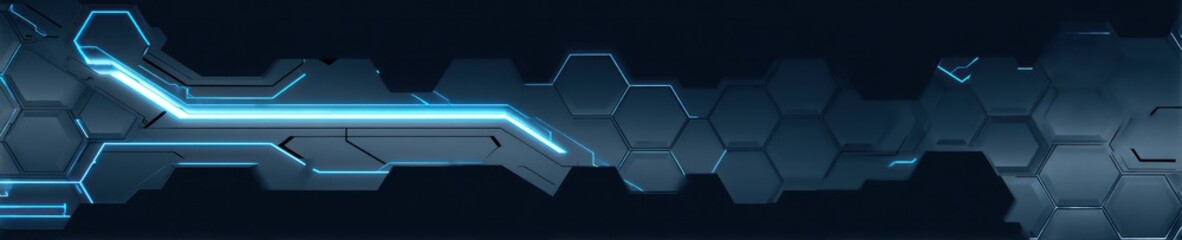 A geometric abstract image with a bright cyan light and hexagonal shapes on a dark background