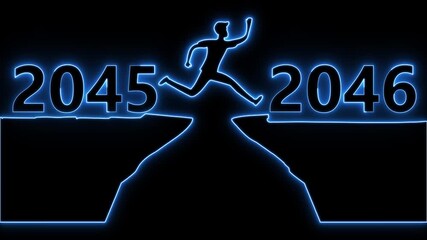 Silhouette of a person jumping across a gap between the years 2045 and 2046 with blue neon outlines leap