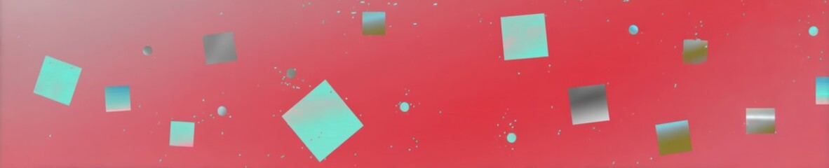 A vibrant abstract composition with floating squares and dots on a gradient background