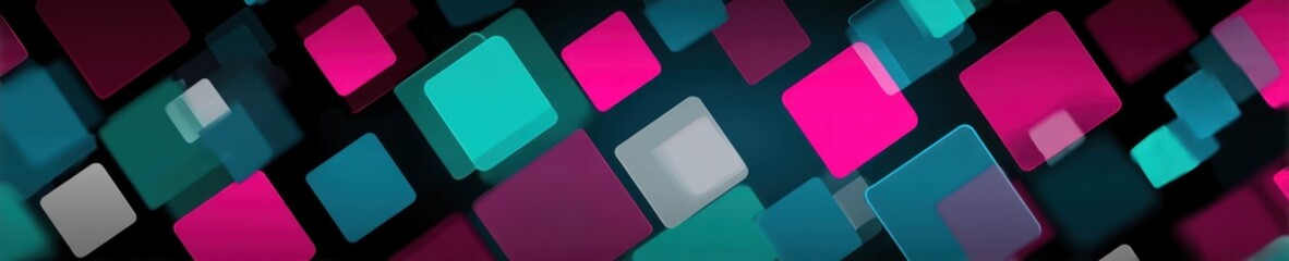 A geometric composition with blurred, overlapping squares in pink, teal, and dark tones