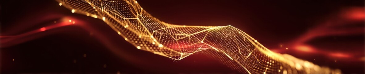 A glowing, golden wireframe structure curves through a dark red space with light flares