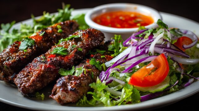 Delicious beef seekh kababs served with fresh salad, authentic asian grilled skewers, juicy spiced barbecue meat perfect for traditional dinner, party, and street food presentation
