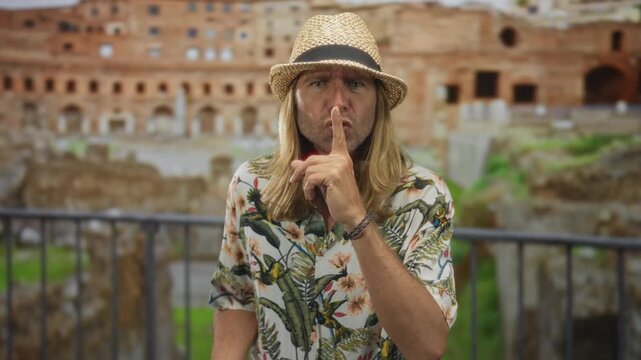 Man with long blonde hair and straw hat holds finger to lips amid ruins inside an ancient colosseum building; silence.