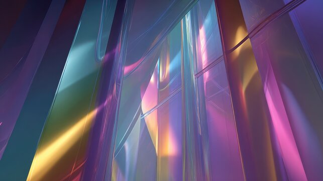 Abstract glass panels reflecting iridescent light colors