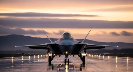 Modern stealth fighter jet on wet runway at sunset with dramatic sky