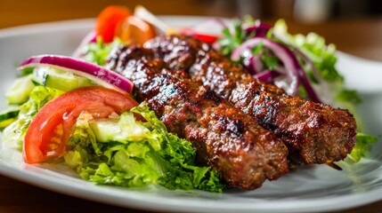 Delicious beef seekh kababs served with fresh salad, authentic asian grilled skewers, juicy spiced barbecue meat perfect for traditional dinner, party, and street food presentation