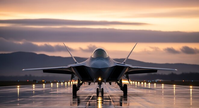 Modern stealth fighter jet on wet runway at sunset with dramatic sky