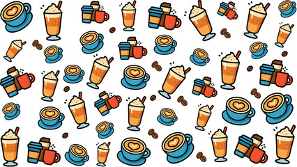 Many drawings of lattes and coffee cups, beans suitable for coffee shop menus, wallpaper, social media posts, and advertisements.