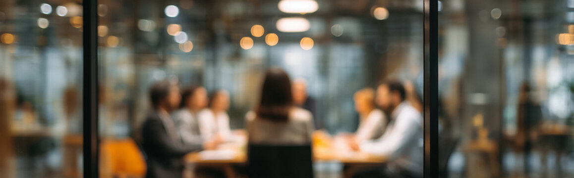 Panoramic blurred view of business team discussion in modern office conference room behind glass. Corporate banner background. - Powered by Adobe