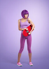 Young woman in vibrant purple outfit holding a red skateboard under her arm, standing against a matching purple background. Stylish modern look with bold color contrast