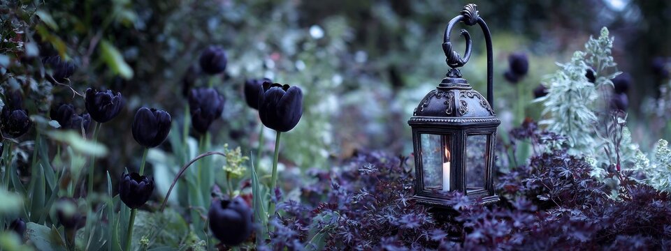 Moody gothic garden still life with black tulips, wrought iron fence and antique lantern. Concept of mystery, dark romanticism and fantasy.  banner