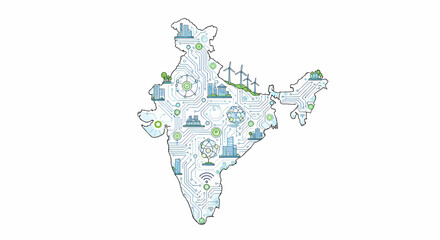 Conceptual outline map of India illustrating technological advancement, industrial development, and sustainable energy infrastructure with various symbolic icons