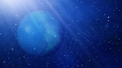 Abstract digital earth globe visualization of a luminous rotating blue planet and floating stars, light and dust particles in a deep outer space environment - Powered by Adobe