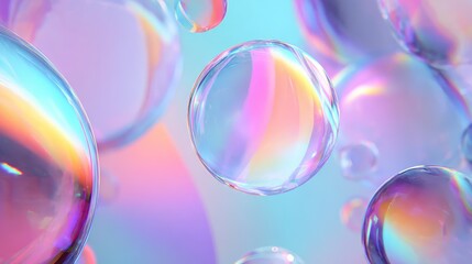 Iridescent clear bubble spheres floating in pastel background