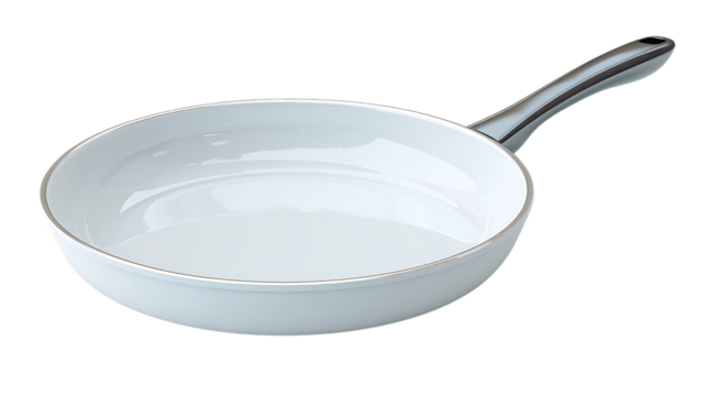 White nonstick frying pan with gray handle isolated on transparent background