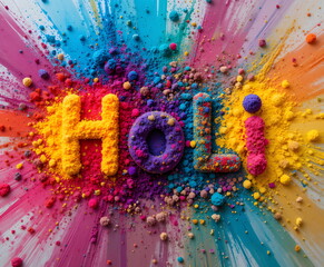 A vibrant Holi-themed artwork featuring colorful powder explosions forming the word “Holi.”
