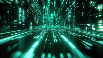 Digital data flowing through abstract green tunnel