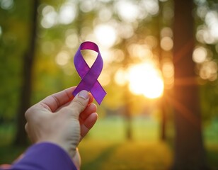 Hand holding purple ribbon awareness symbol outdoors in forest with sunlight. Person shows support for cancer survivors, mental health with lavender ribbon in nature. Supportive gesture in woodland