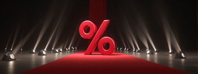 Glossy red percent symbol on a red carpet with dramatic lighting. Great for retail, offers, and luxury sale promotions. banner 
