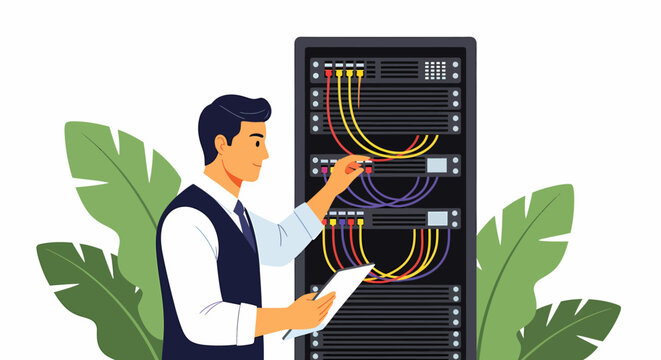 A male IT technician in a vest checks network server equipment while holding a clipboard. - Powered by Adobe