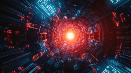 Futuristic digital tunnel journey through cyber data