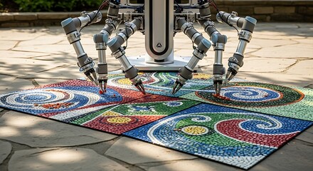 Advanced Robotic System Skillfully Creates Intricate Mosaic Art on Outdoor Pavement Displaying Vibrant Colors and Spiral Patterns