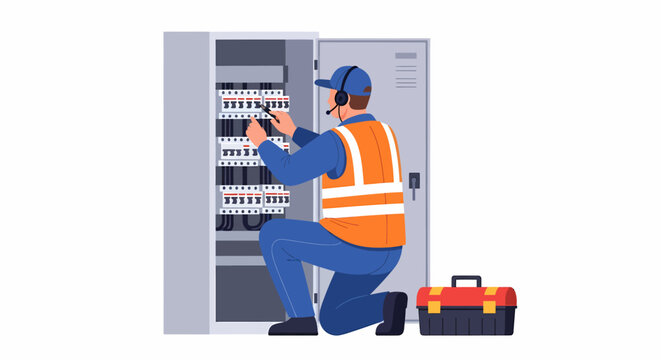 An electrician in a safety vest and headset kneels to work on an open electrical panel with tools. - Powered by Adobe