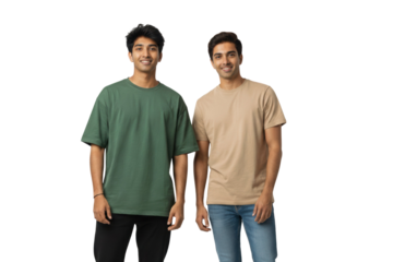 Two young South Asian men smile wearing casual t-shirts, isolated on a transparent background