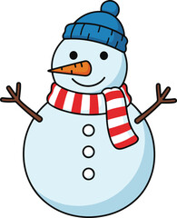 A friendly cartoon snowman made of three spheres, wearing a blue knitted cap and a red and white striped scarf, with twig arms, coal eyes and buttons, and a carrot nose.