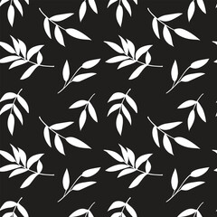 Seamless white leaf branch pattern on a bold black background. Minimal botanical silhouette design perfect for modern and stylish print projects. Ideal for textiles, wallpapers, and branding use