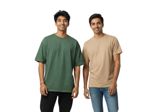 Two young South Asian men smile wearing casual t-shirts, isolated on a transparent background