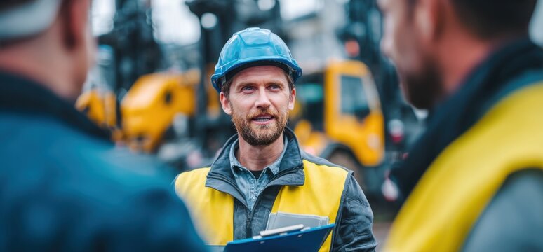 a male worker in a high-visibility vest and helmet, holding a clipboard, is talking to other workers at an industrial site.