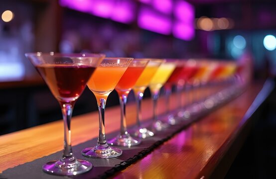 Row of vibrant colorful cocktails stands on bar counter in the nightclub. Alcoholic mixed drinks line up creating rainbow gradient with purple neon lights in background. Barman offers alcohol drinks
