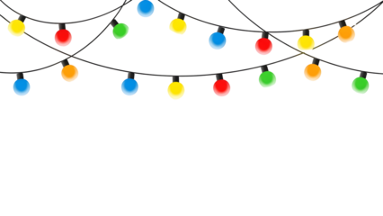 Festive string lights with colourful bulbs vector illustration for party decorations isolated on white background