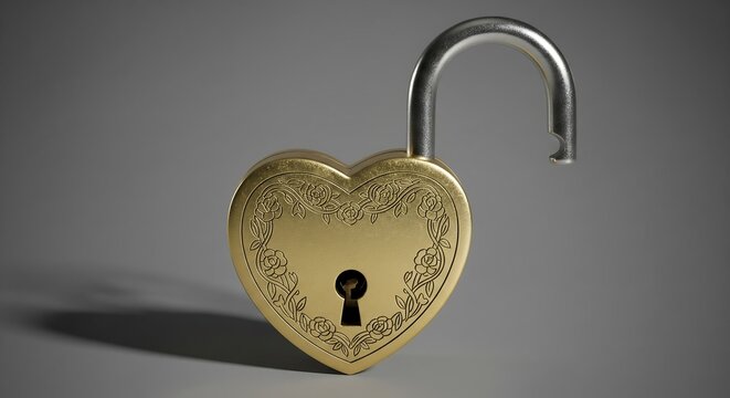 A golden, heart-shaped padlock with a silver shackle in the open position, adorned with a floral design around the edges against a gray background.