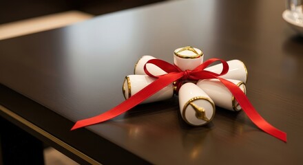 Elegant white ceramic votives with gold accents and a vibrant red ribbon tied beautifully on a dark wooden surface