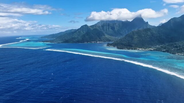 Aerial View of Moorea Island, French Polynesia, Coastline, Coral Reef Barrier and Lagoon