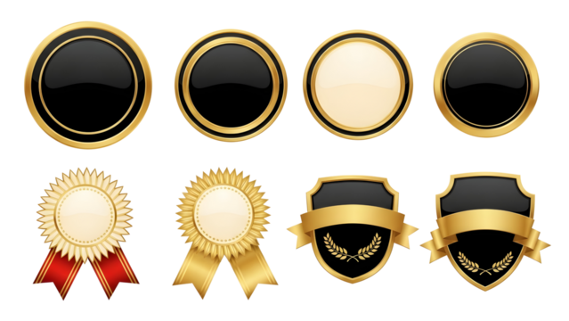 Set of elegant gold and black badge vectors decorative seal and emblem designs perfect for awards and product endorsements isolated on white background