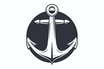 Monochrome nautical anchor emblem is featured over a dark backdrop circle