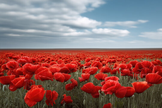 Field of poppies under cloudy sky, vibrant red flowers stretch to horizon, peaceful and natural landscape, springtime beauty